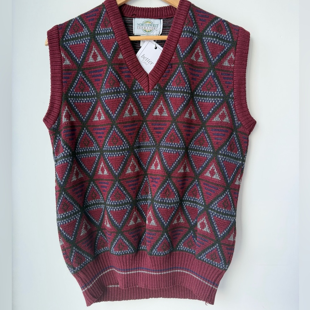 Northwest Territory V-Neck Sweater Vest - Burgundy and Gray Geometric